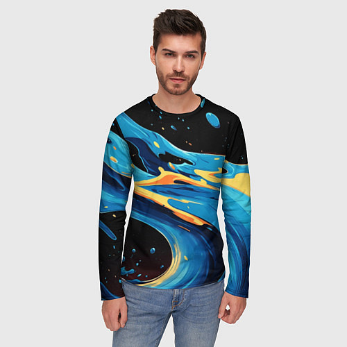 Мужской лонгслив Синяя волна из красок / 3D-принт – фото 3