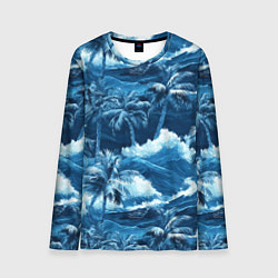 Лонгслив мужской Пальмы и волны - голубые оттенки паттерн, цвет: 3D-принт