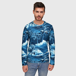 Лонгслив мужской Пальмы и волны - голубые оттенки паттерн, цвет: 3D-принт — фото 2