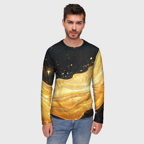 Мужской лонгслив Золотистая материя на черном фоне / 3D-принт – фото 3