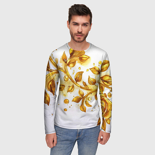 Мужской лонгслив Золотые листья на белом / 3D-принт – фото 3