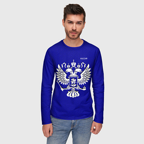 Мужской лонгслив Герб России синий текстурированный / 3D-принт – фото 3