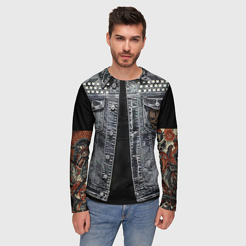 Мужской лонгслив Джинсовка с черепом и татуировкой дракона / 3D-принт – фото 3