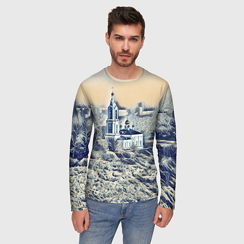 Мужской лонгслив Храм на фоне современного города / 3D-принт – фото 3