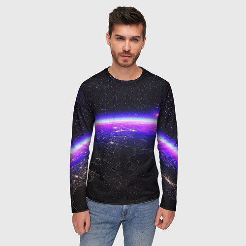 Мужской лонгслив Планета и неоновое свечение / 3D-принт – фото 3
