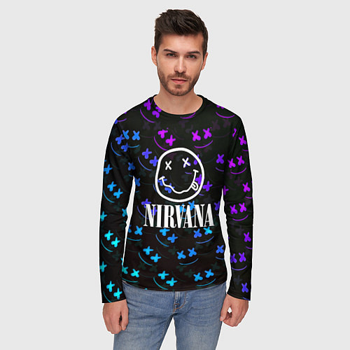 Мужской лонгслив Nirvana x marshmello neon / 3D-принт – фото 3