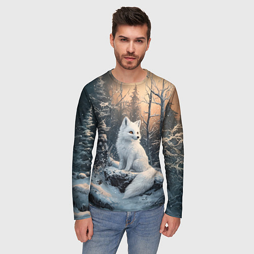 Мужской лонгслив Белый лисенок в зимнем лесу / 3D-принт – фото 3