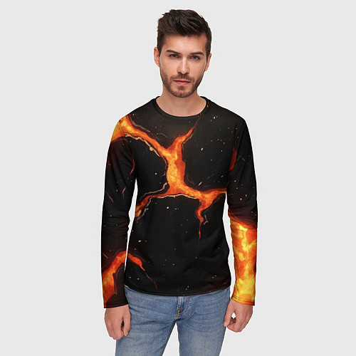 Мужской лонгслив Оранжевый разлом на черной текстуре / 3D-принт – фото 3