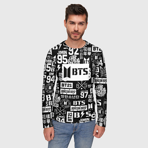 Мужской лонгслив Bangtan Boys pattern black / 3D-принт – фото 3