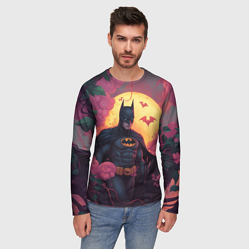 Мужской лонгслив Бэтмен и дерево с цветами / 3D-принт – фото 3