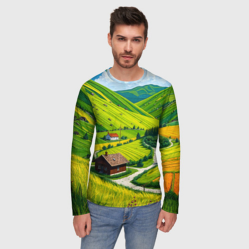 Мужской лонгслив Русская душа и поле / 3D-принт – фото 3