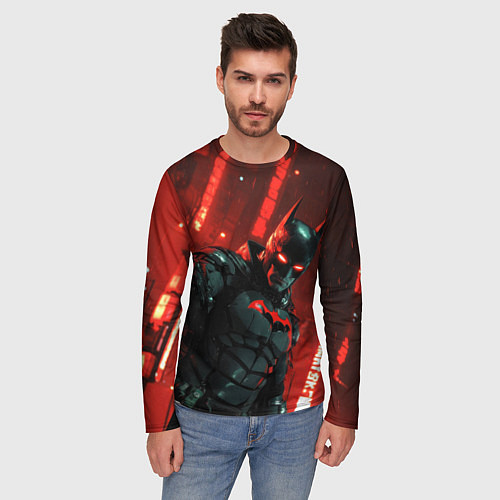 Мужской лонгслив Черный Бэтмен на фоне красного города / 3D-принт – фото 3