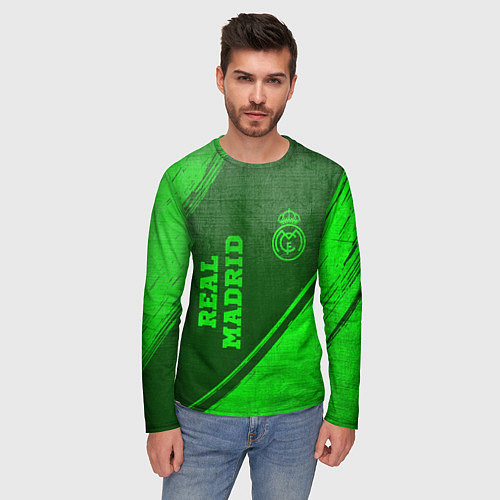 Мужской лонгслив Real Madrid - green gradient вертикально / 3D-принт – фото 3
