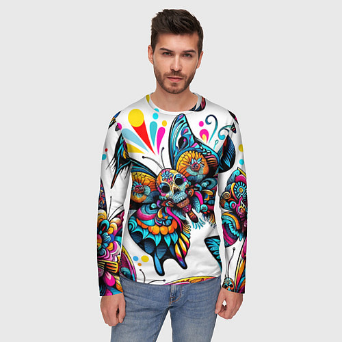 Мужской лонгслив Бабочка и череп - нейроарт паттерн / 3D-принт – фото 3
