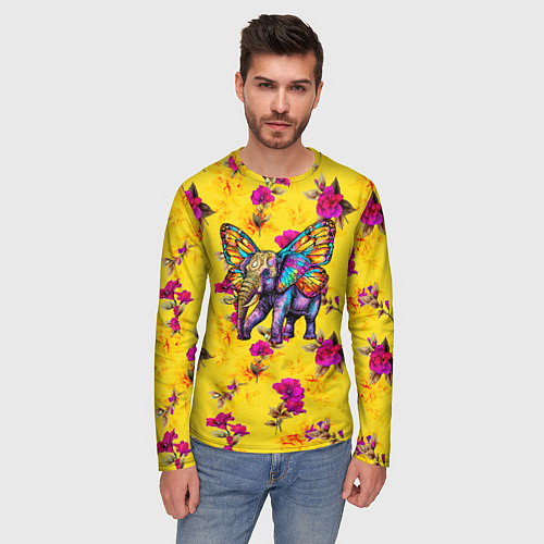 Мужской лонгслив Слон с крыльями бабочки на цветочном фоне / 3D-принт – фото 3