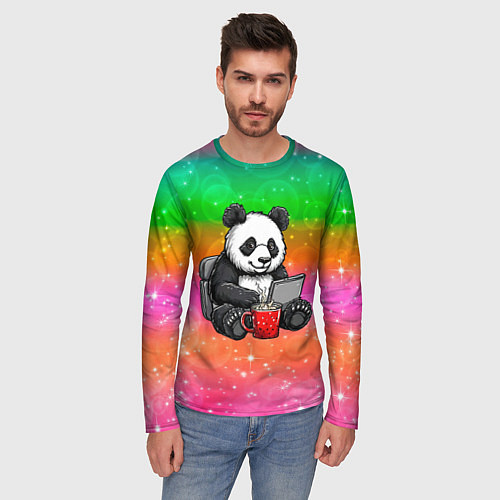 Мужской лонгслив Панда с кофе за ноутом / 3D-принт – фото 3