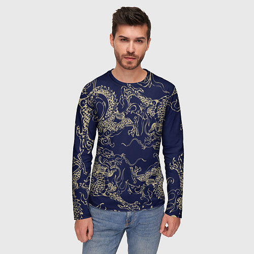 Мужской лонгслив Золотые драконы на синем / 3D-принт – фото 3