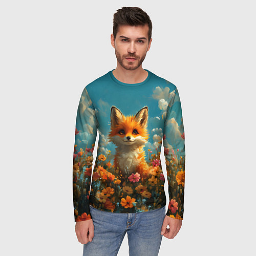 Мужской лонгслив Лисица в цветочном поле / 3D-принт – фото 3
