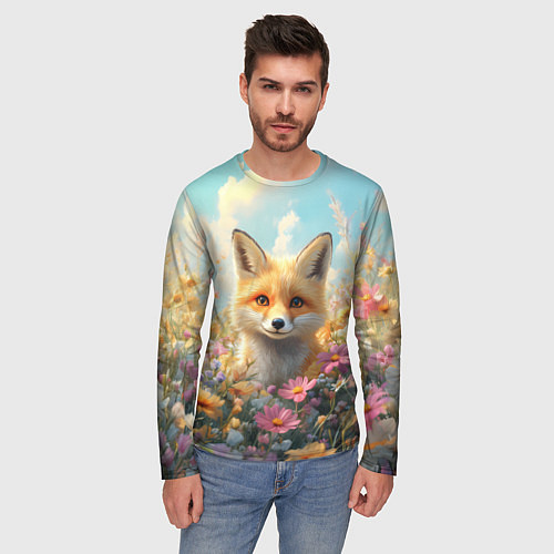 Мужской лонгслив Лиса в цветочном поле / 3D-принт – фото 3