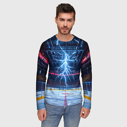 Мужской лонгслив Удар молнии в хоккейную площадку / 3D-принт – фото 3
