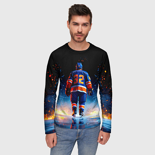 Мужской лонгслив Хоккеист в синем пламени / 3D-принт – фото 3
