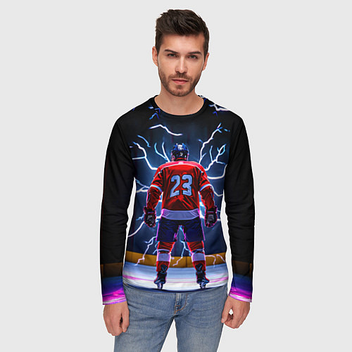 Мужской лонгслив Хоккеист и молния / 3D-принт – фото 3