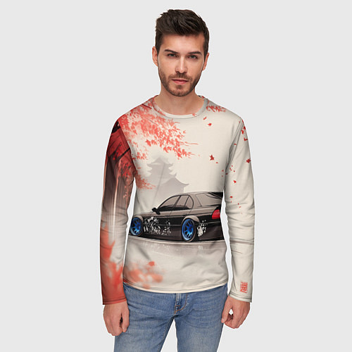 Мужской лонгслив Черная БМВ и сакура / 3D-принт – фото 3