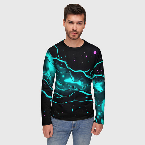 Мужской лонгслив Голубые неоновые волны текстура / 3D-принт – фото 3