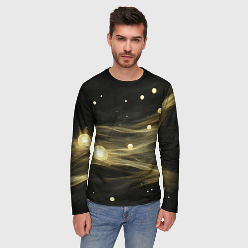 Мужской лонгслив Золотистый свет на черной текстуре / 3D-принт – фото 3