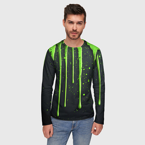 Мужской лонгслив Зеленая краска стекающая на черном фоне / 3D-принт – фото 3