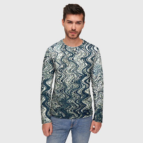 Мужской лонгслив Бело-синий искажённые абстрактные линии / 3D-принт – фото 3