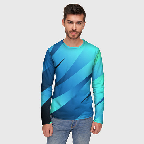 Мужской лонгслив Сине-голубой абстрактные полосы / 3D-принт – фото 3