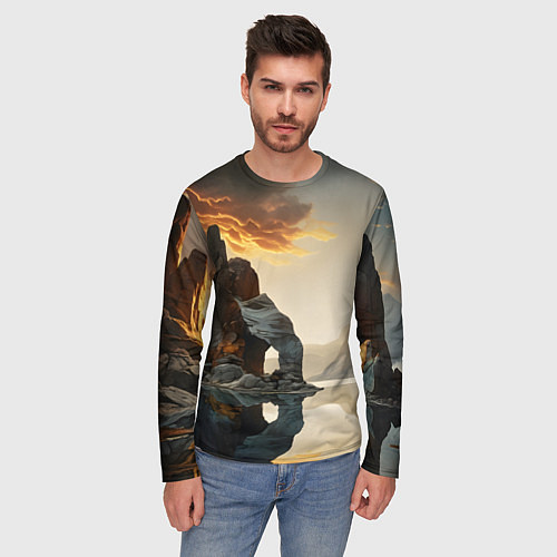 Мужской лонгслив Горное озеро со скалами / 3D-принт – фото 3