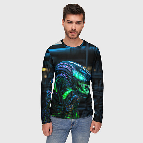 Мужской лонгслив Чужой с зеленым неоном / 3D-принт – фото 3
