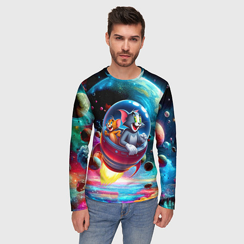 Мужской лонгслив Том и Джерри летят в ракете - нейроарт / 3D-принт – фото 3