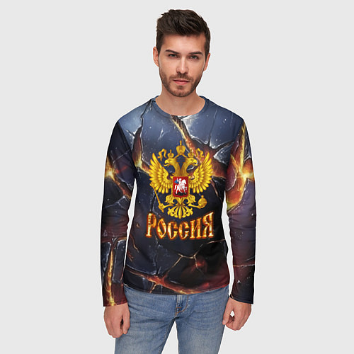 Мужской лонгслив Золотой герб России и текстура с плитами / 3D-принт – фото 3