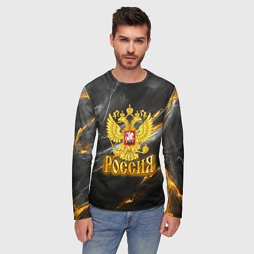 Мужской лонгслив Россия черно-желтый фон / 3D-принт – фото 3