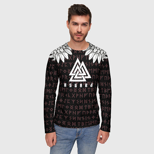 Мужской лонгслив Асгард на фоне рун и валькнут / 3D-принт – фото 3