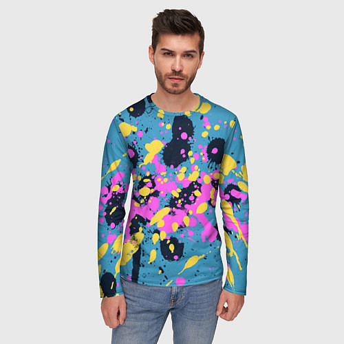 Мужской лонгслив Брызги краски розовой желтой и темно синей / 3D-принт – фото 3
