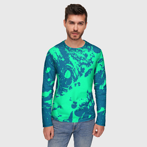 Мужской лонгслив Сине-зелёный абстракция краски / 3D-принт – фото 3