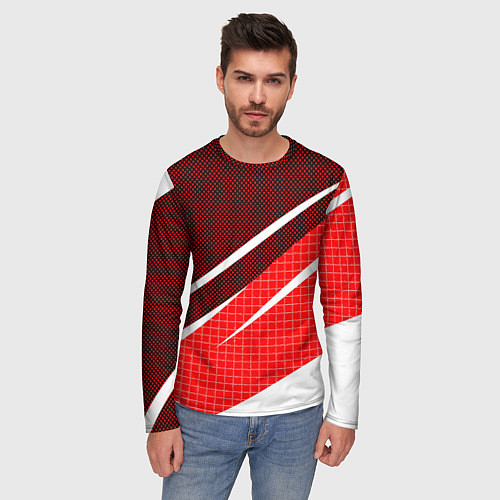 Мужской лонгслив Красно-белый абстрактный с полосами / 3D-принт – фото 3