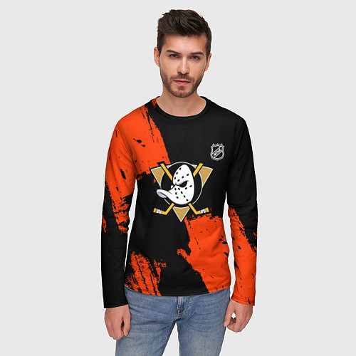 Мужской лонгслив Анахайм Дакс - оранжевая краска / 3D-принт – фото 3