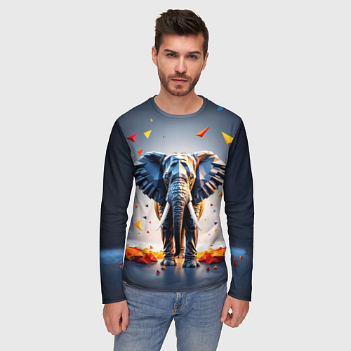 Мужской лонгслив Геометрический слон и цветные полигоны / 3D-принт – фото 3