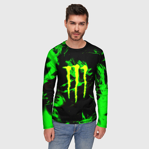 Мужской лонгслив Monster energy кислотное лого огонь / 3D-принт – фото 3
