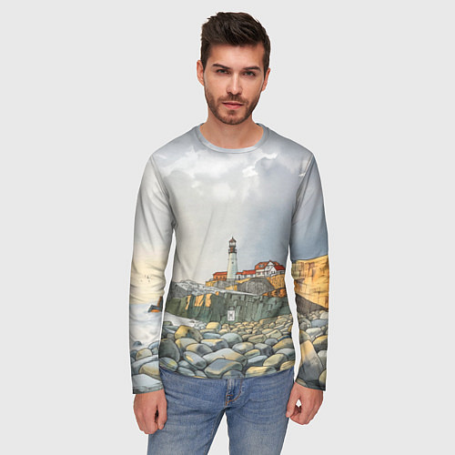 Мужской лонгслив Маяк и камни на пляже - акварельный рисунок / 3D-принт – фото 3
