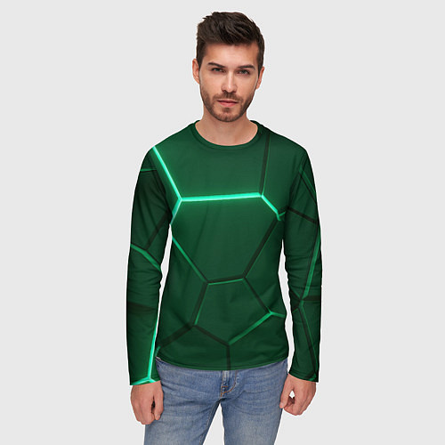 Мужской лонгслив Зеленые плиты с неоном / 3D-принт – фото 3