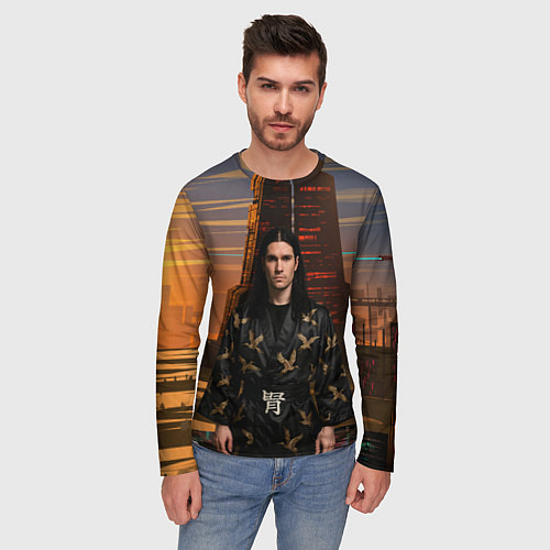 Мужской лонгслив Bones в халате с журавлями / 3D-принт – фото 3