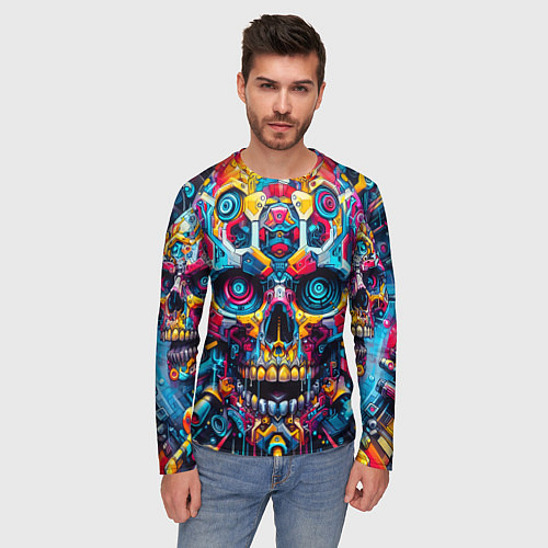 Мужской лонгслив Кибер череп - нейроарт паттерн / 3D-принт – фото 3