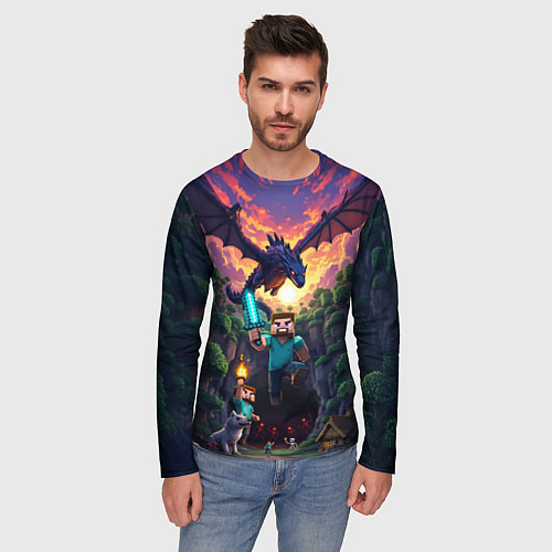Мужской лонгслив Дракон края и Стив - Майнкрафт арт / 3D-принт – фото 3