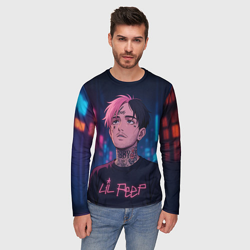 Мужской лонгслив LiL Peep - Неоновый аниме арт / 3D-принт – фото 3
